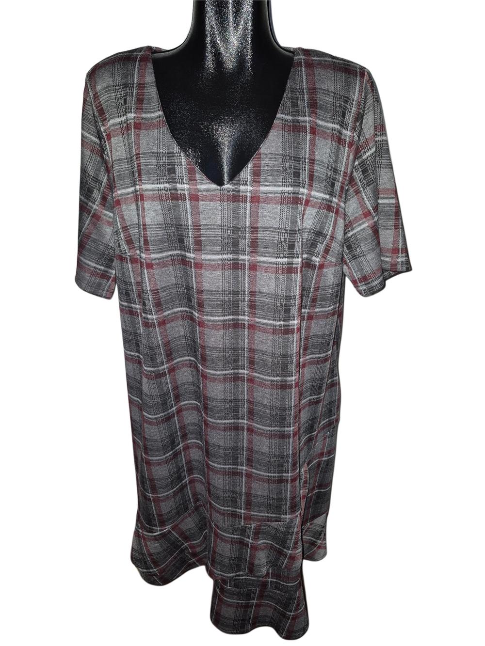 Claire France Plaid Short-Sleeve V-Neck Gray & Burgundy Midi Shift Dress Size 3X